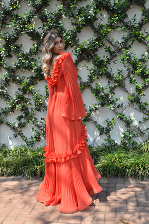 Vestido CALI plise - Gasa tangerine maxi plise en volados