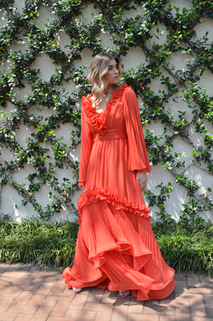 Vestido CALI plise - Gasa tangerine maxi plise en volados