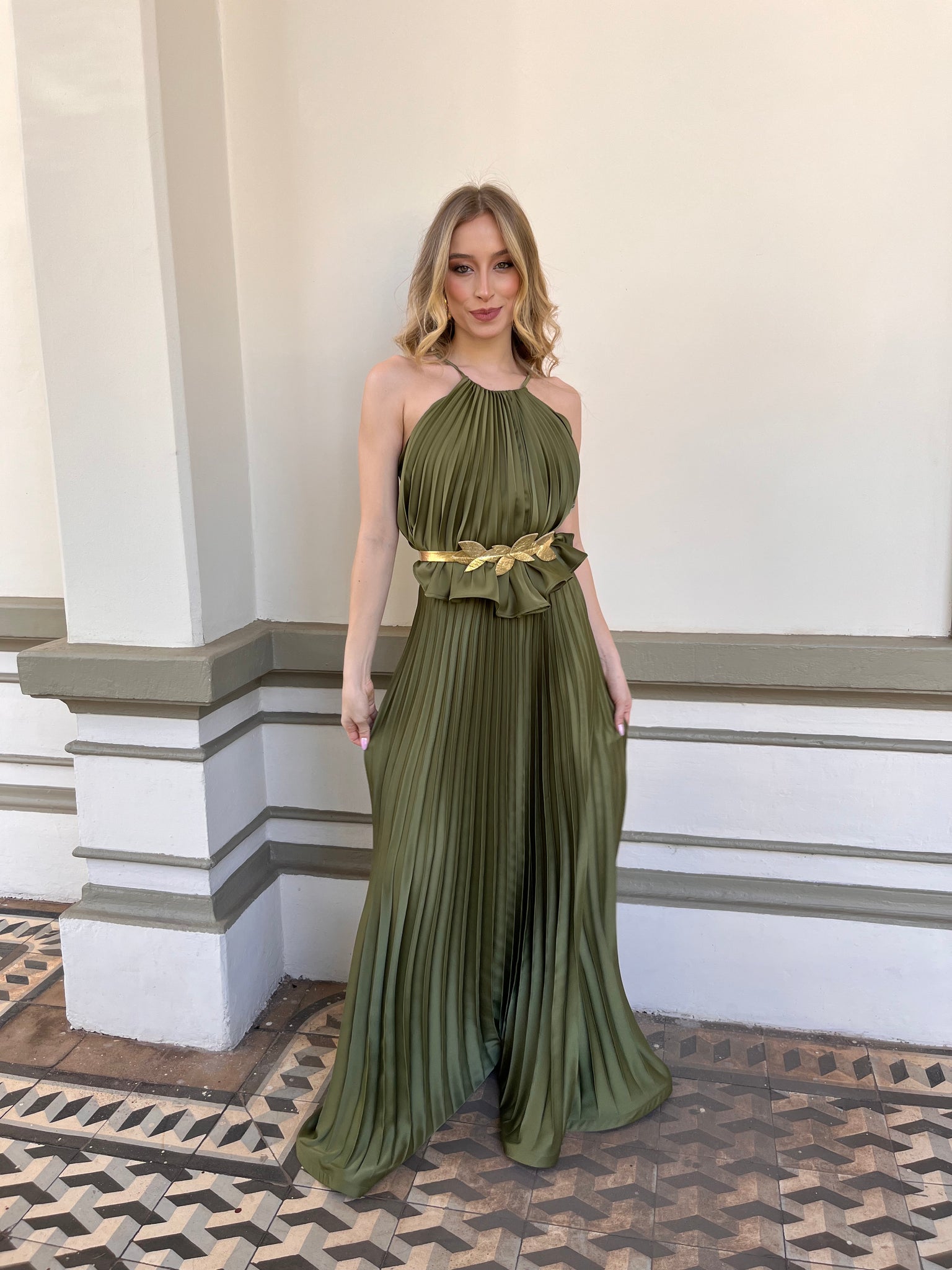 Vestido TULUM maxi - creppe plise verde musgo