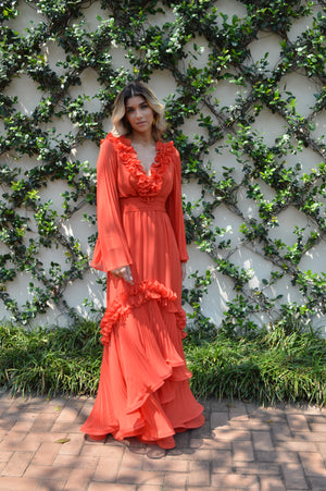 Vestido CALI plise - Gasa tangerine maxi plise en volados