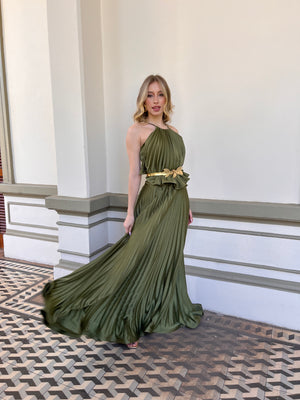 Vestido TULUM maxi - creppe plise verde musgo