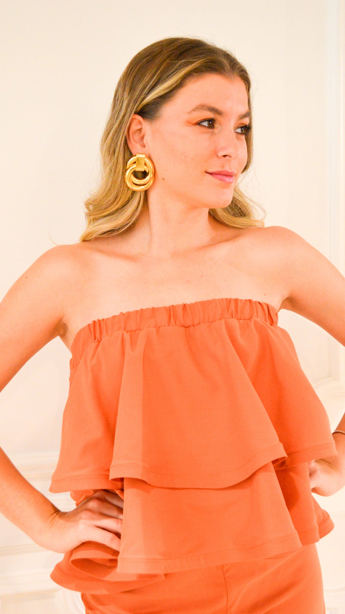 Conjunto BELLA - Pantalona + Blusa Off-shoulder ruffels - Terracota