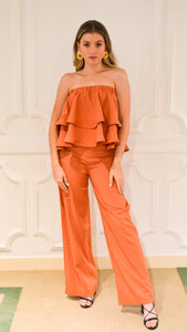 Conjunto BELLA - Pantalona + Blusa Off-shoulder ruffels - Terracota