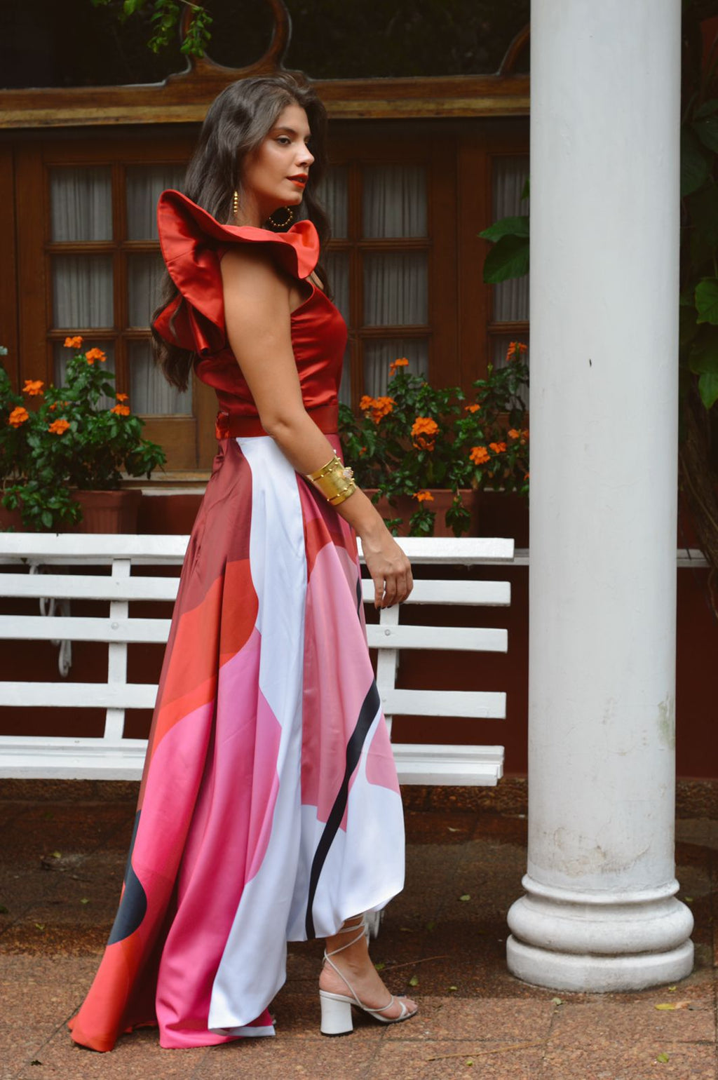 Conjunto VENECIA - falda evase + top un hombro - Print Red Blossom
