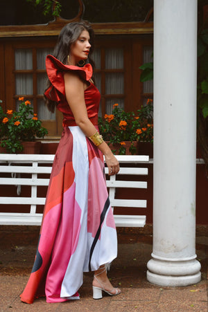 Conjunto VENECIA - falda evase + top un hombro - Print Red Blossom