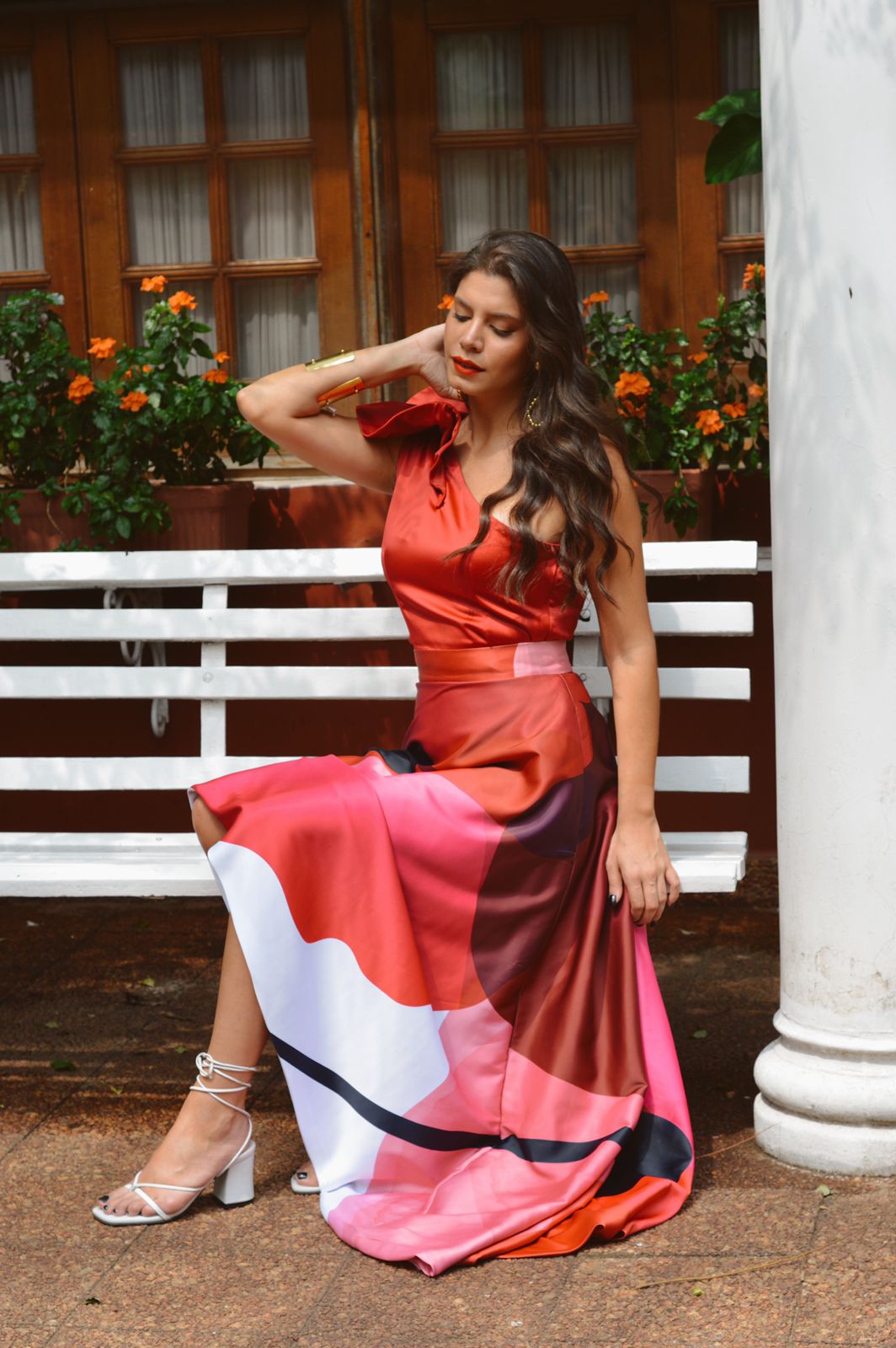 Conjunto VENECIA - falda evase + top un hombro - Print Red Blossom