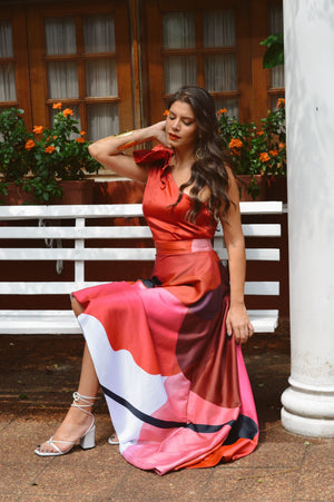 Conjunto VENECIA - falda evase + top un hombro - Print Red Blossom